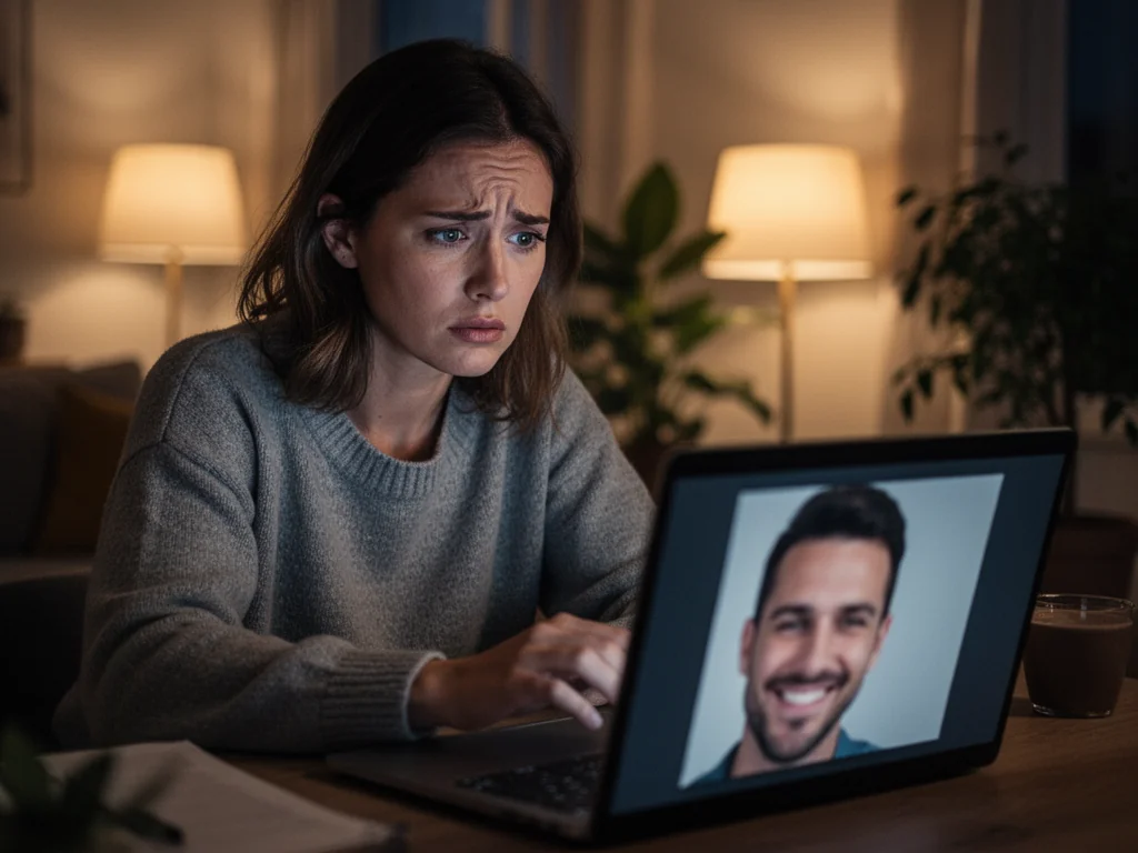 Młoda kobieta z niepewnością patrzy w ekran laptopa z profilem uśmiechniętego mężczyzny, zastanawiając się nad jego wiarygodnością.