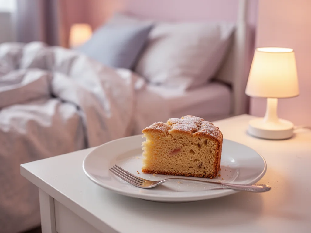 Kawałek domowego ciasta na talerzu przy łóżku, ciepłe światło lampki podkreśla senną, przytulną atmosferę спальни