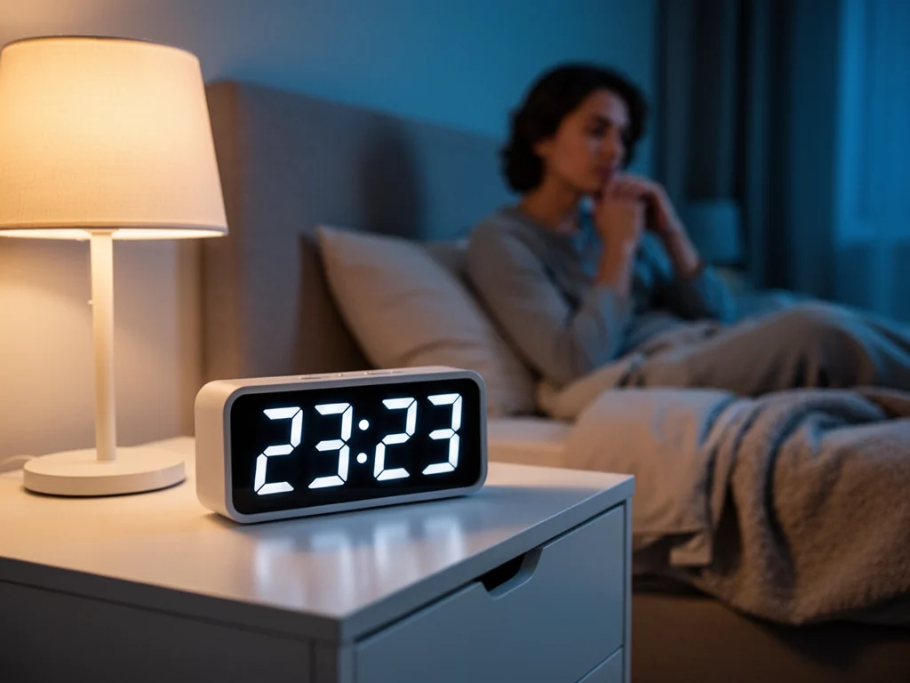 Cyfrowy zegar na stoliku nocnym wskazuje godzinę 23:23, osoba na łóżku patrzy na niego zamyślona.