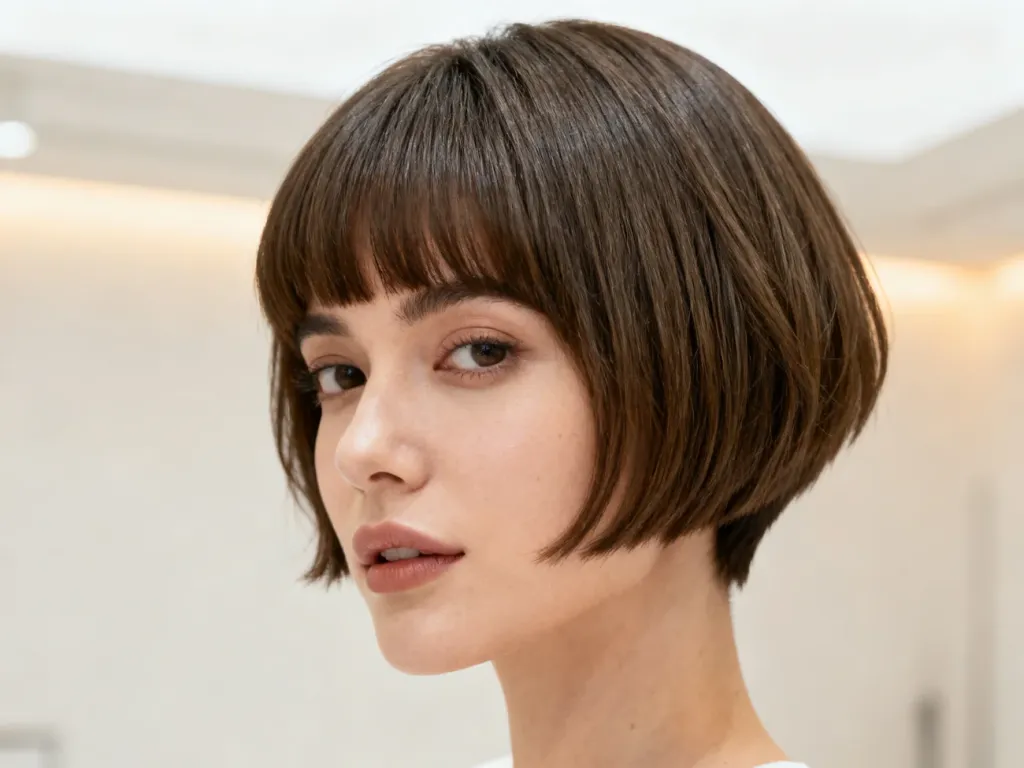 Kobieta z modną fryzurą pixie bob z grzywką, prezentująca precyzyjne cięcie i naturalną teksturę włosów.