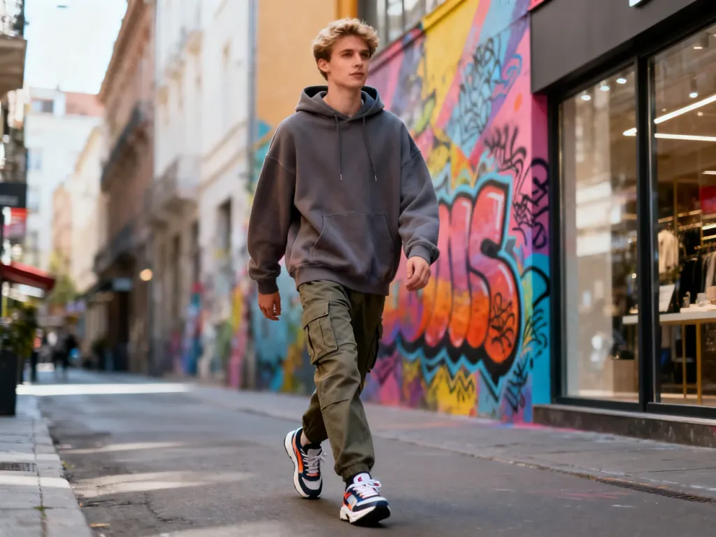 Młody mężczyzna w modnej bluzie oversize i spodniach cargo spaceruje po miejskiej ulicy w stylu streetwear.