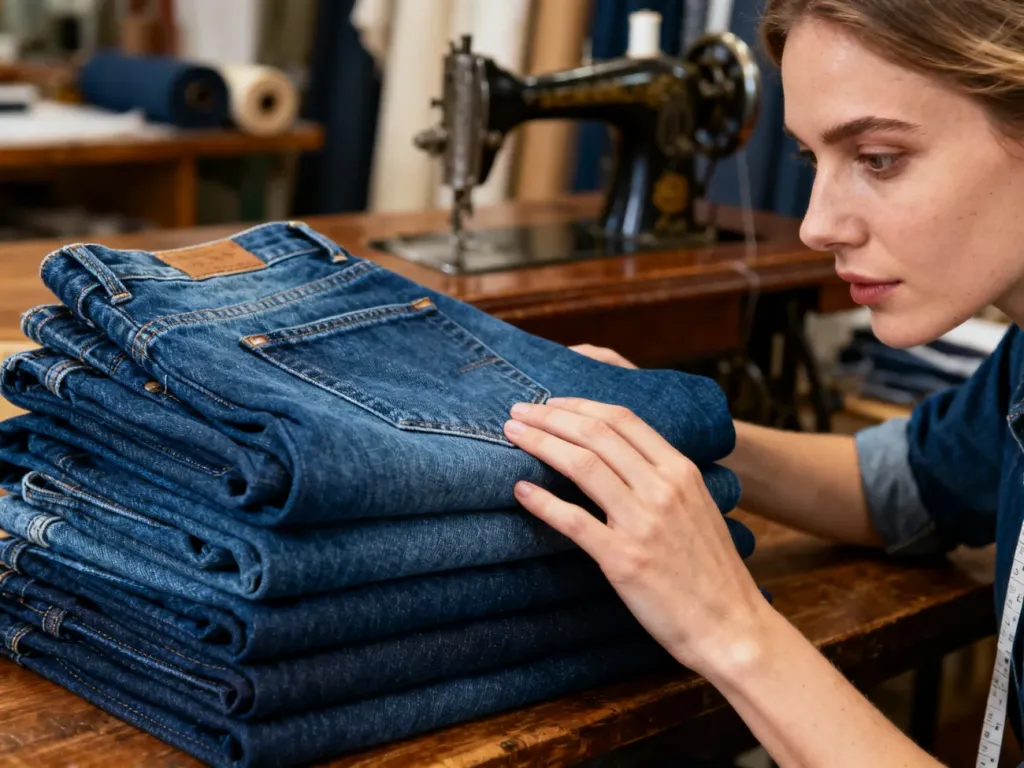 Kobieta dotykająca stosu starannie złożonych jeansów w pracowni krawieckiej, podkreślająca wysoką jakość materiału.