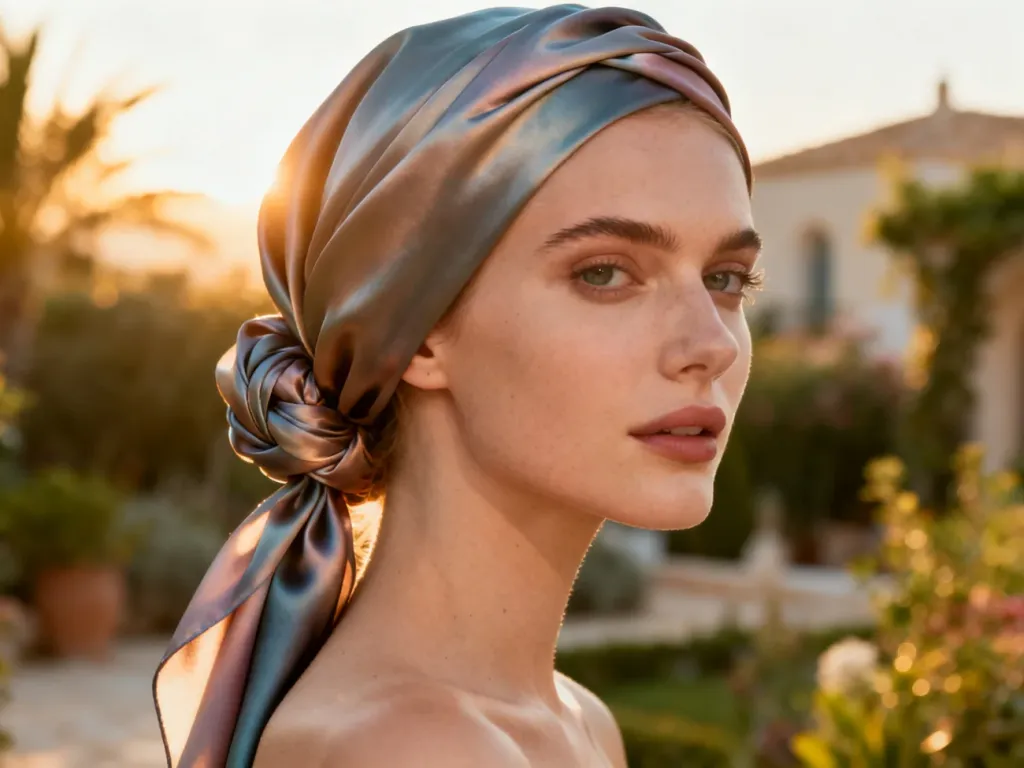 Kobieta w elegancko zawiązanej na głowie jedwabnej chuście typu turban, prezentująca stylowy sposób wiązania.