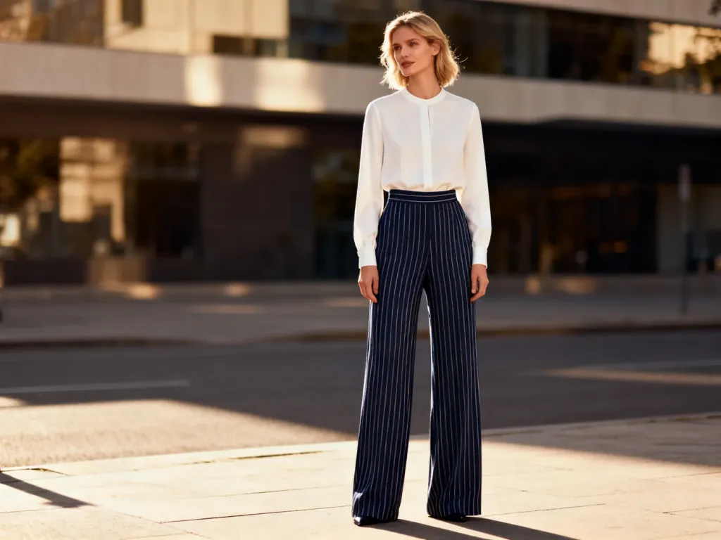 Stylowa kobieta w eleganckich spodniach w pionowe paski i białej bluzce, prezentująca modną stylizację na miejskiej ulicy.