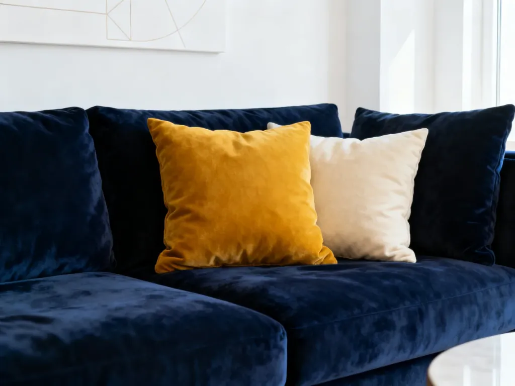 Granatowa sofa z musztardowymi i kremowymi poduszkami w jasnym salonie, prezentująca eleganckie połączenie kolorystyczne.