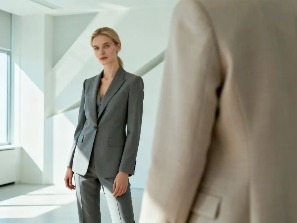 Elegancka kobieta w nowoczesnym garniturze w minimalistycznym biurze, prezentująca wysoką jakość tkaniny i profesjonalny styl.