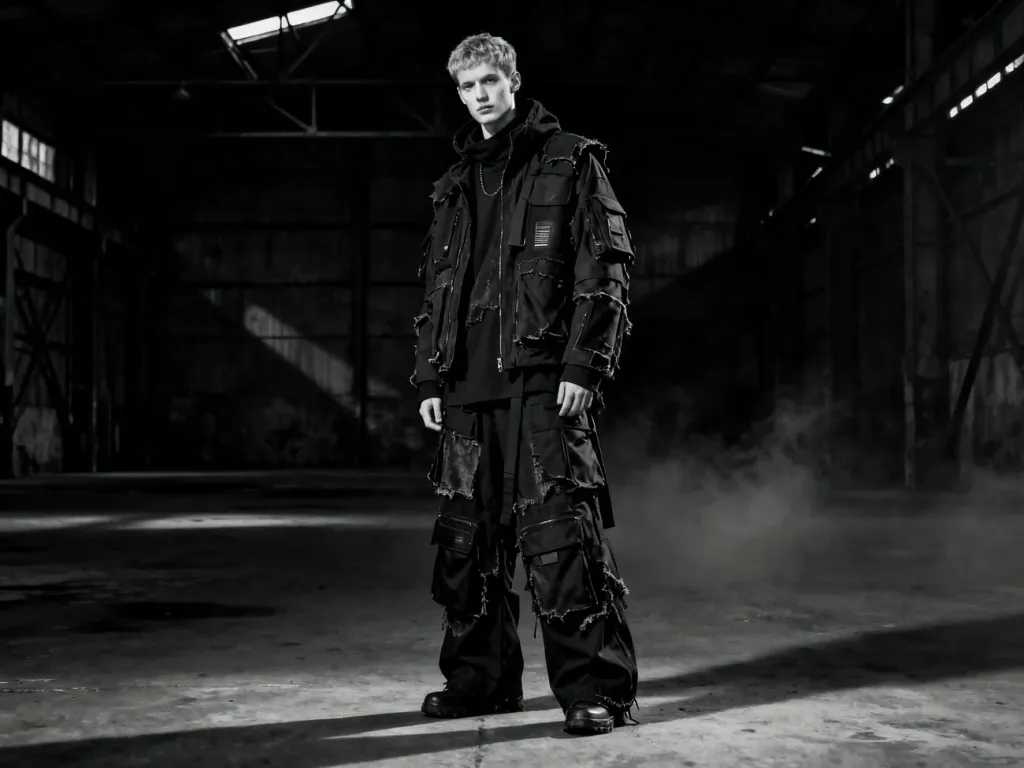 Mężczyzna w awangardowej, czarnej stylizacji typu techwear w mrocznym, industrialnym wnętrzu w estetyce opium.