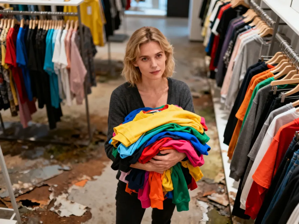 Kobieta trzymająca stos taniej odzieży w sklepie z ubraniami, obrazująca zjawisko masowej produkcji fast fashion.