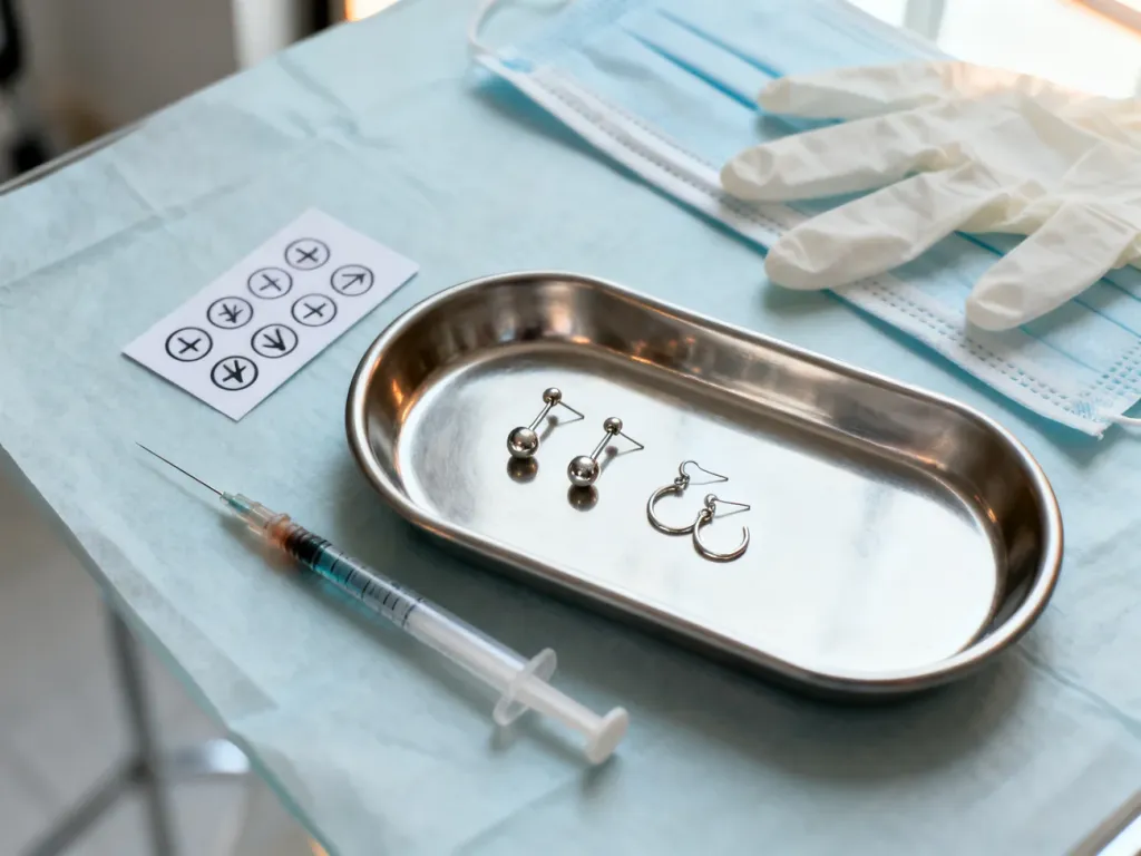 Sterylne narzędzia i profesjonalne kolczyki do piercingu przygotowane na tacce w gabinecie zabiegowym.