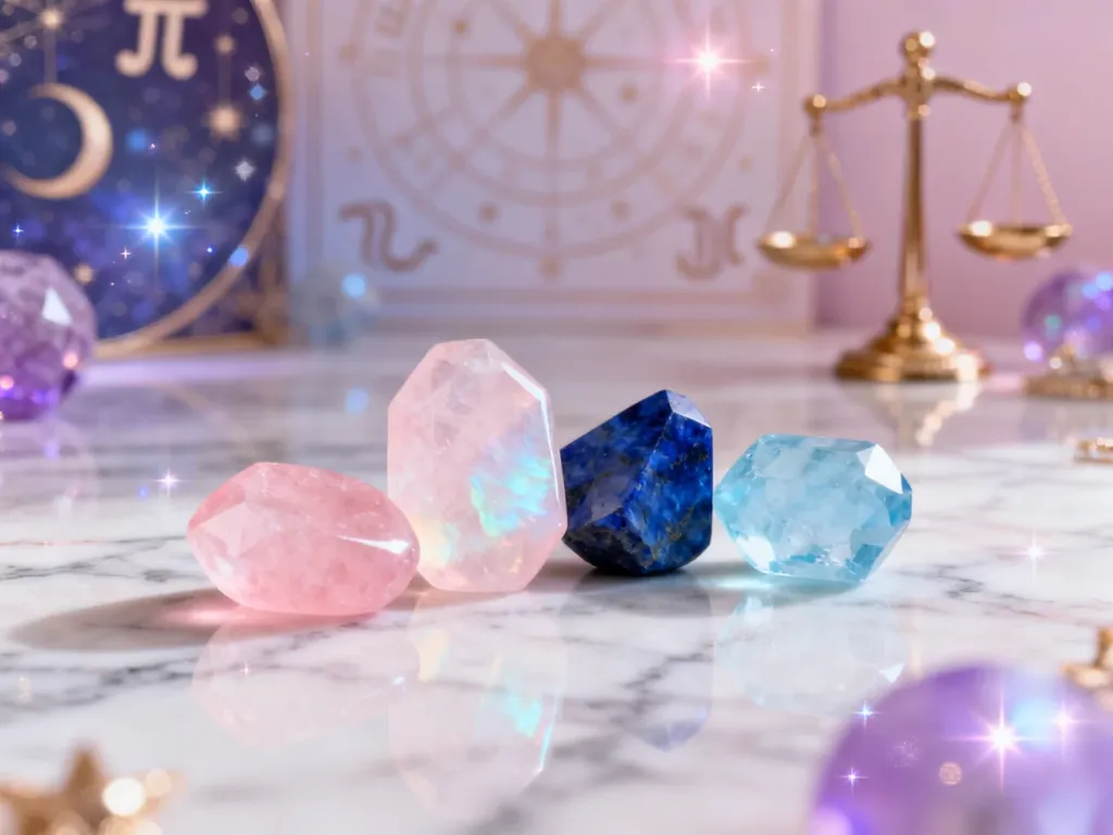 Elegancka kolekcja kamieni szlachetnych dla znaku Wagi, w tym kwarc różowy, opal, lapis lazuli i akwamaryn na marmurze.