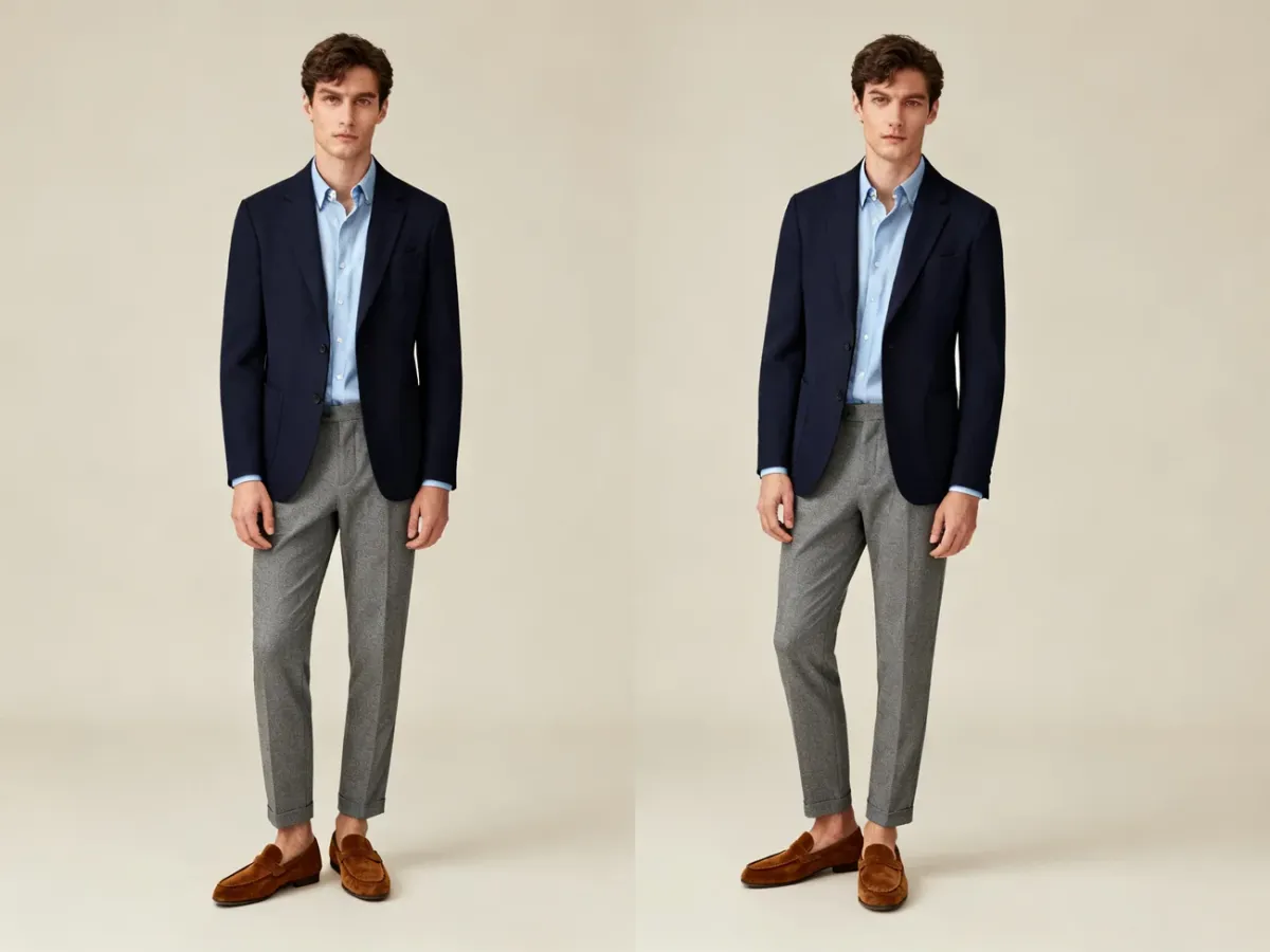 Męska stylizacja smart casual z szarymi spodniami i granatową marynarką