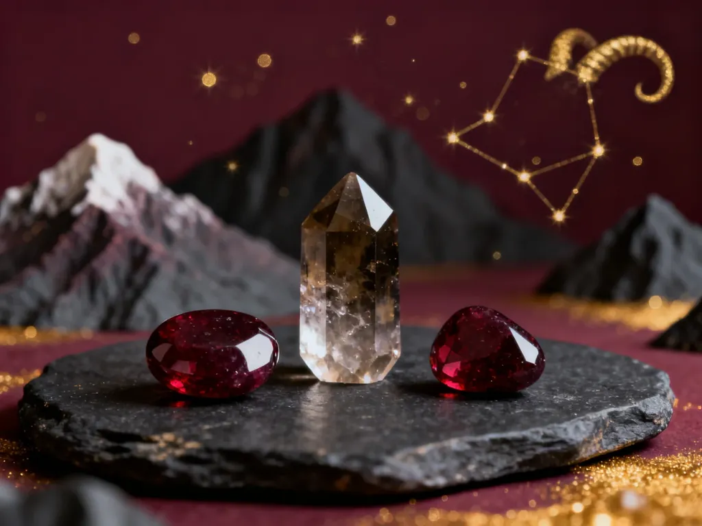 Eleganckie kryształy granatu i kwarcu dymnego na ciemnym tle, symbolizujące kamienie szczęścia dla znaku zodiaku Koziorożca.