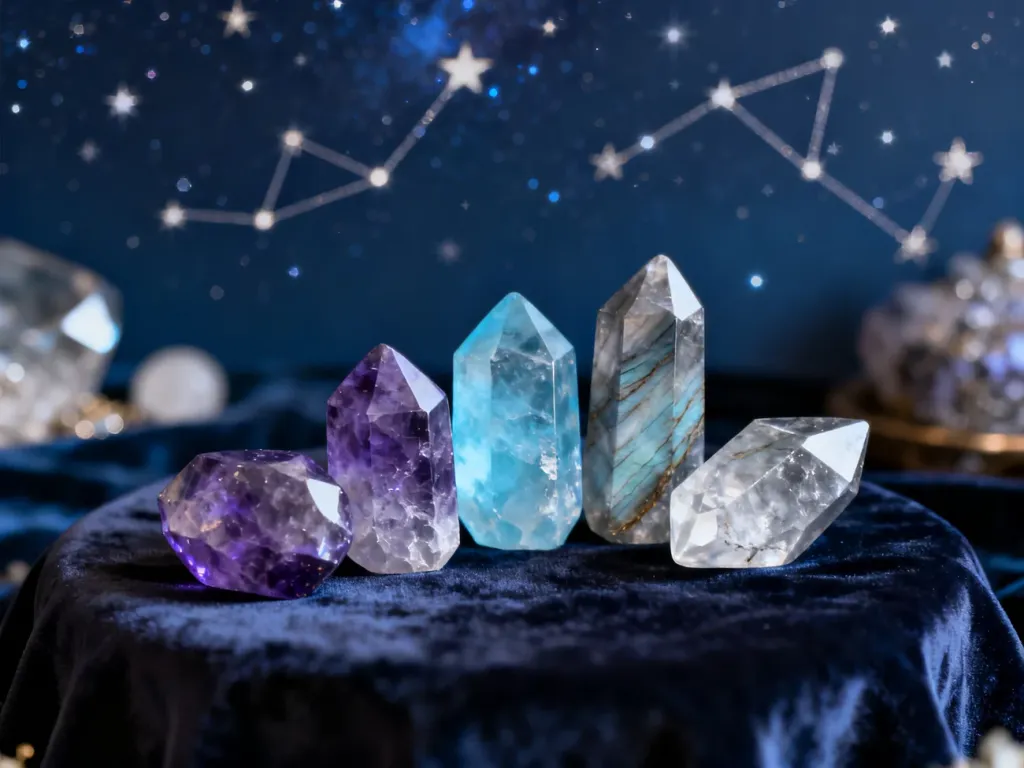 Ametyst, akwamaryn i labradoryt na aksamitnym tle, nawiązujące do mistycznej energii znaku zodiaku Wodnik.