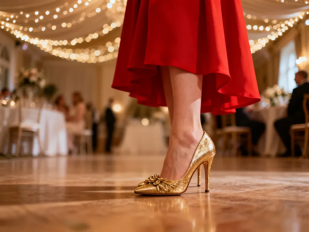 Eleganckie złote szpilki zestawione z czerwoną sukienką na weselu, podkreślające szykowną stylizację.