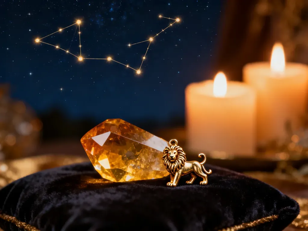 Złoty cytryn i zawieszka z lwem na aksamitnym tle w otoczeniu gwiazd, symbolizujące kamień zodiakalny dla Lwa.