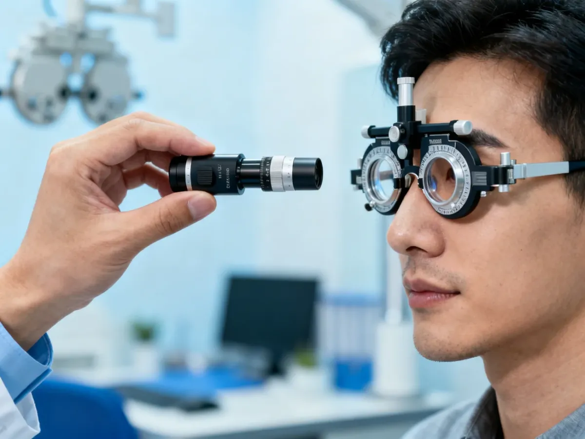 Optometrysta mierzący rozstaw źrenic pacjenta podczas badania wzroku