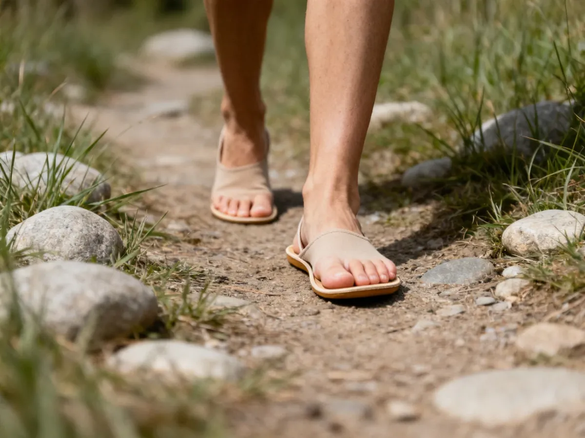 Osoba w butach barefoot spacerująca po naturalnej ścieżce