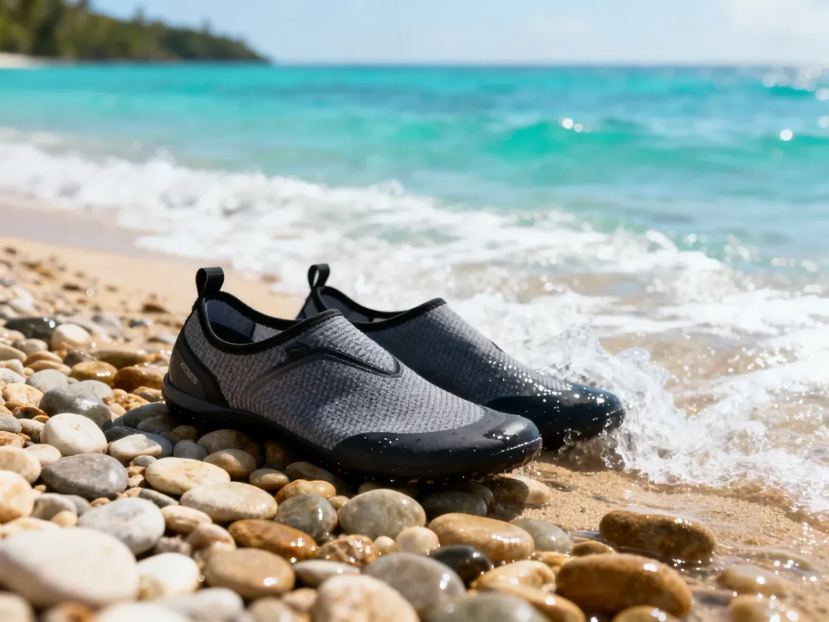 Profesjonalne buty do wody leżące na żwirowej plaży przy turkusowym morzu, gotowe do letniego wypoczynku.