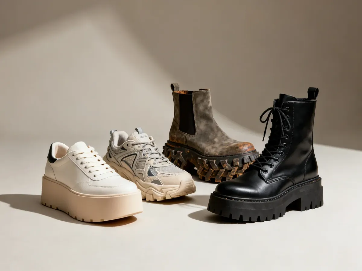 Cztery rodzaje butów na grubej podeszwie: flatformy, chunky sneakers, traktory i glany