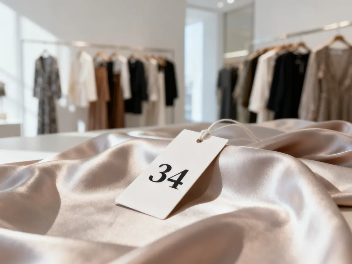 Elegancka metka z rozmiarem 34 leżąca na jedwabnym materiale w tle butiku z odzieżą.
