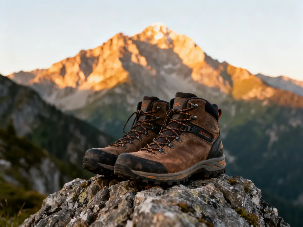 Profesjonalne buty trekkingowe na górskiej skale z panoramą szczytów w tle podczas zachodu słońca.