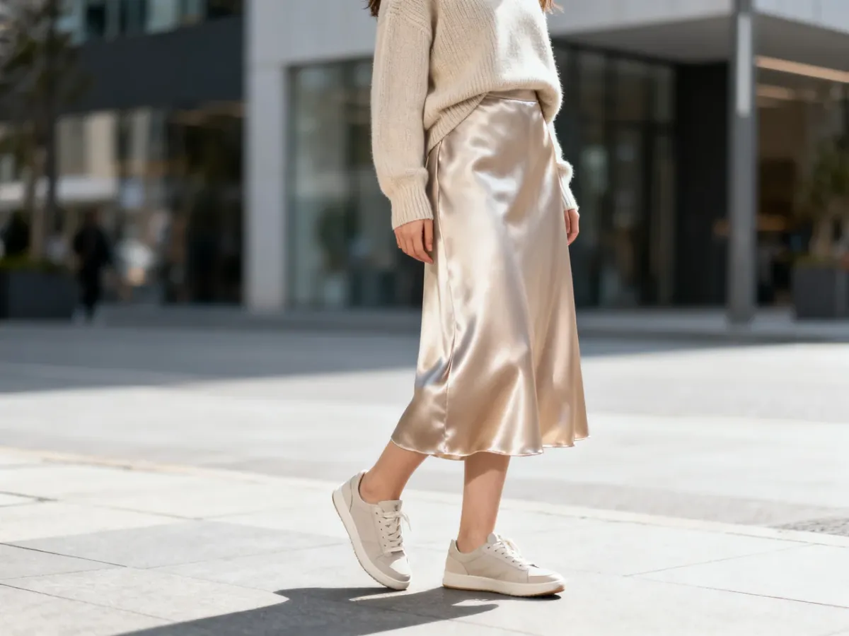 Kobieta w satynowej spódnicy midi, matowym swetrze i minimalistycznych sneakersach