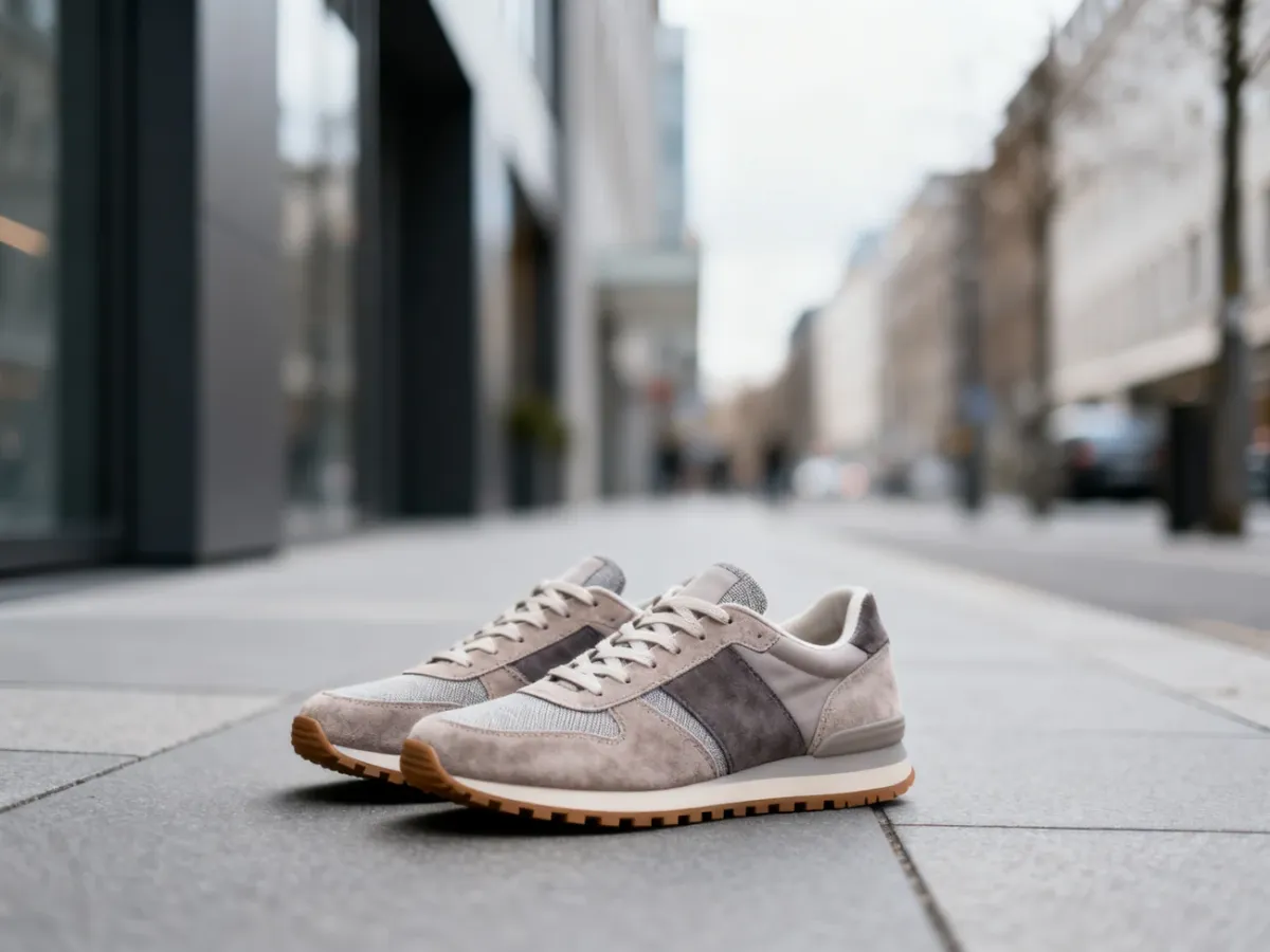 Para miejskich sneakersów z gumową podeszwą na chodniku
