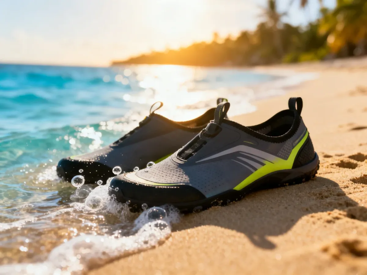 Nowoczesne buty do wody leżące na piaszczystej plaży przy brzegu oceanu w promieniach porannego słońca.