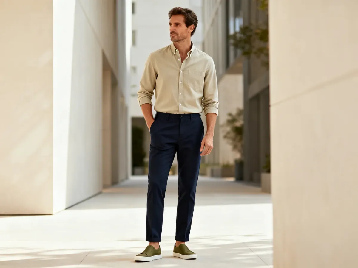 Mężczyzna w chinosach i koszuli w codziennej stylizacji smart casual