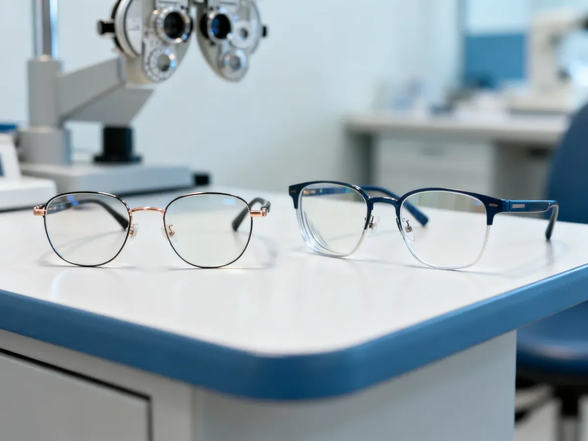 Dwie pary okularów na biurku optometrysty