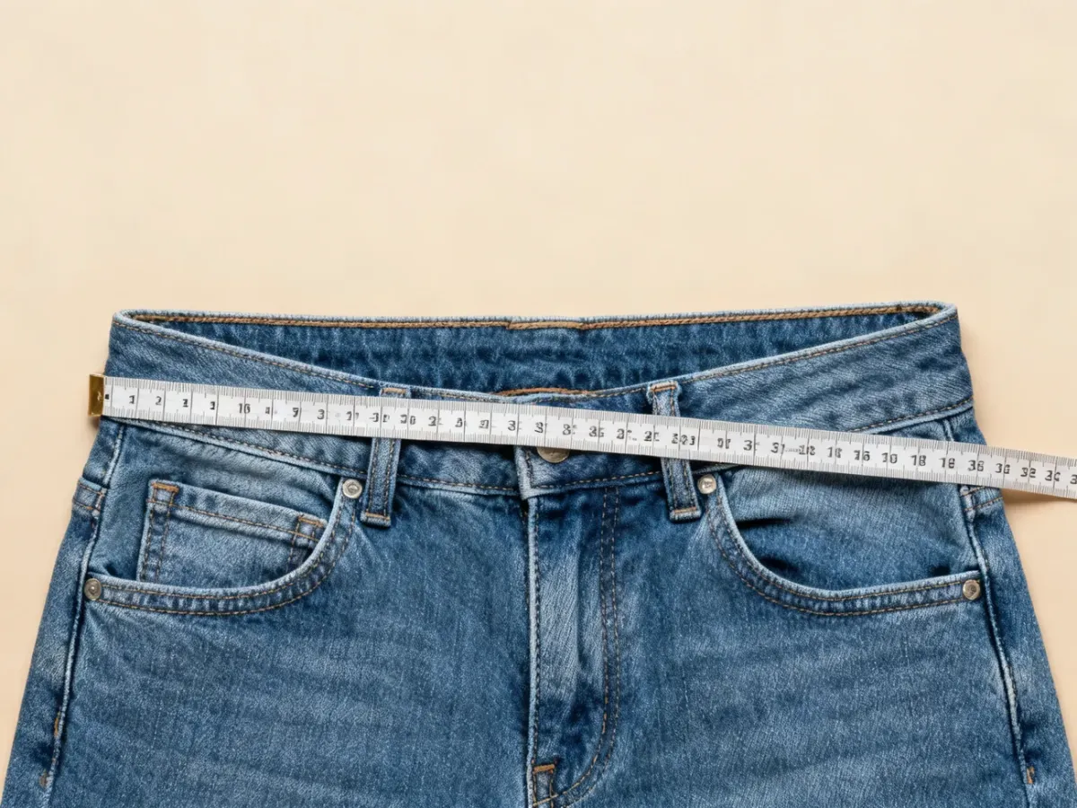 Jeans with a measuring tape around the waistband