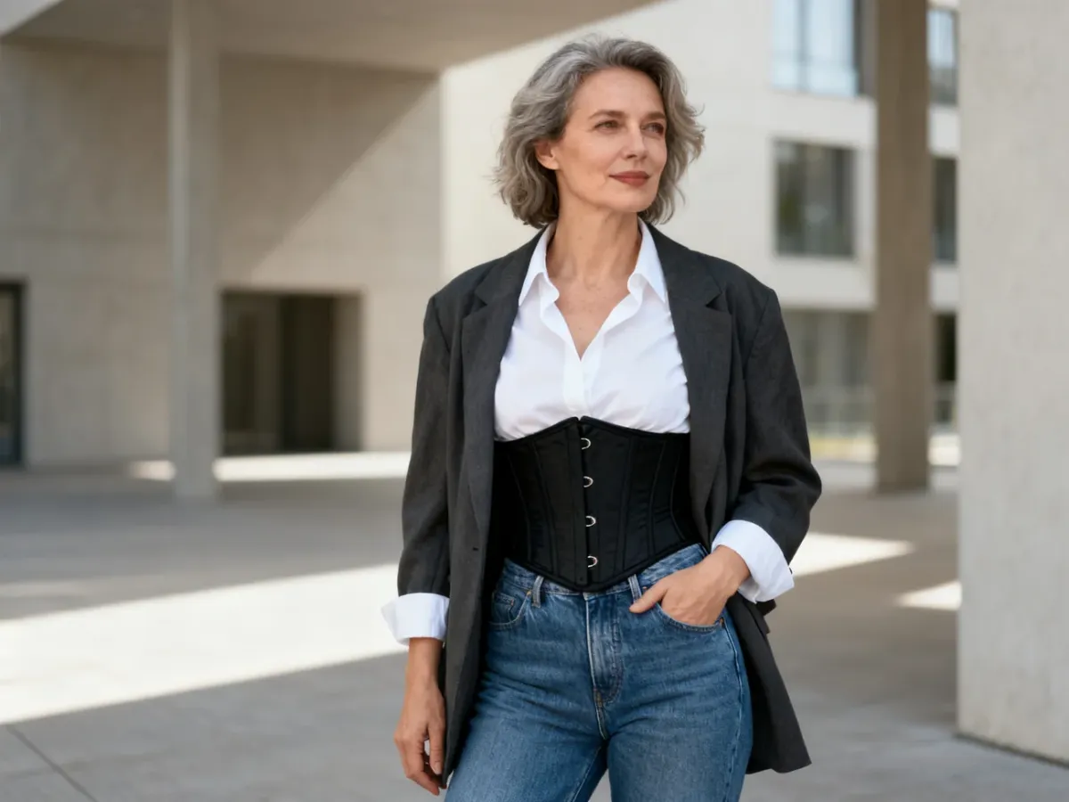 Kobieta w czarnym gorsecie underbust założonym na białą koszulę i jeansy