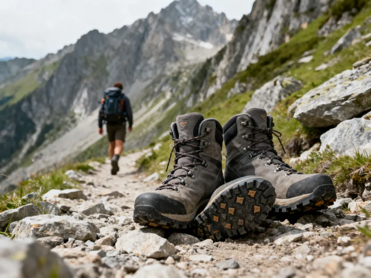Wysokie buty trekkingowe na kamienistym górskim szlaku