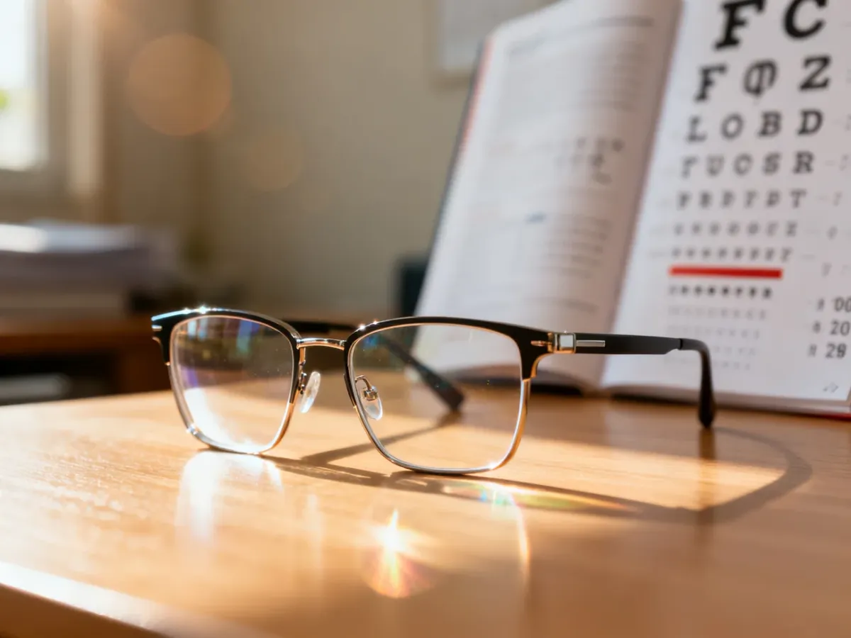 Stylowe okulary korekcyjne na drewnianym biurku z rozmytą tablicą do badania wzroku w tle.