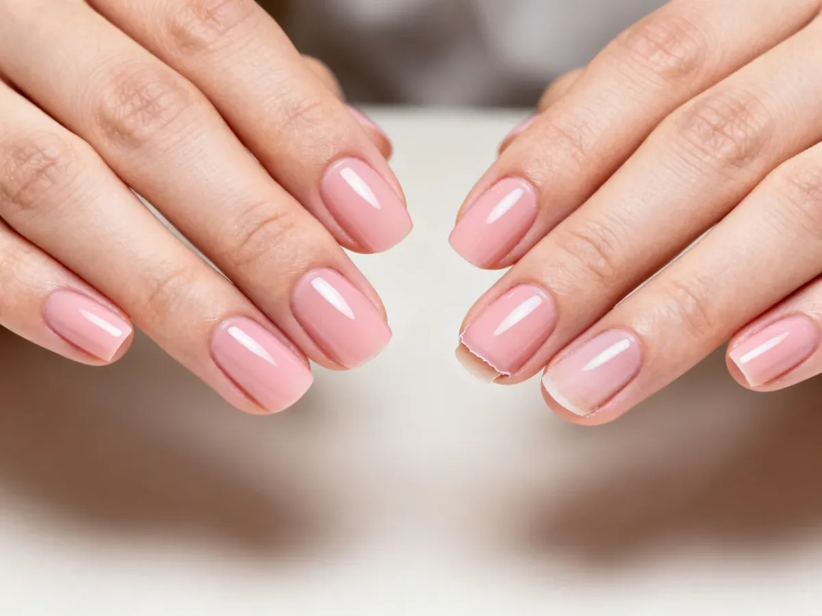 Dłonie z manicure żelowym i widocznym odrostem przy skórkach