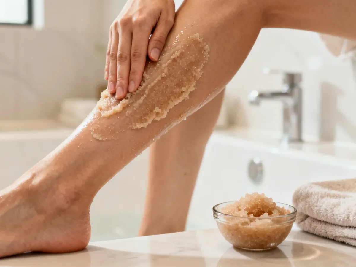 Delikatne nakładanie peelingu na wilgotną skórę nogi