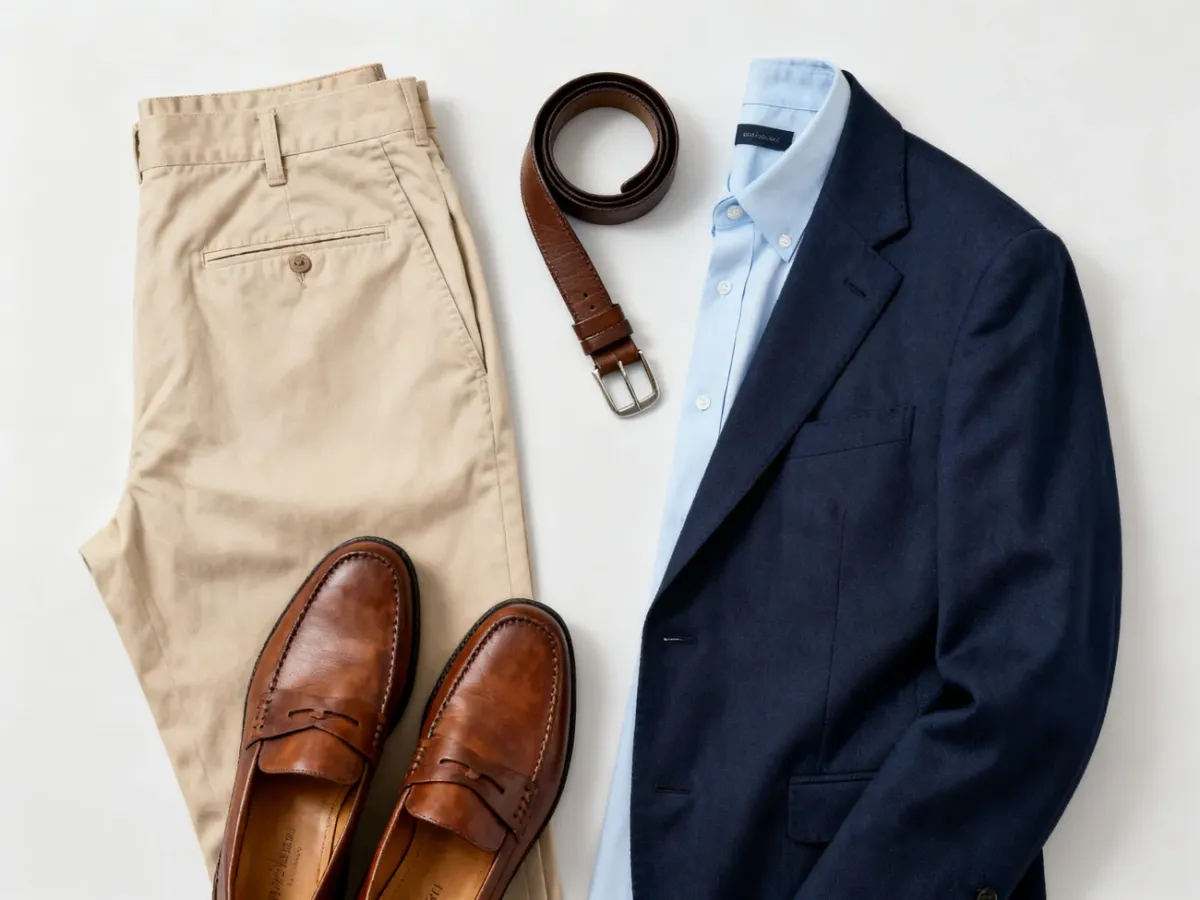 Elegancka stylizacja smart casual z beżowymi chinosami, marynarką i skórzanymi loafersami