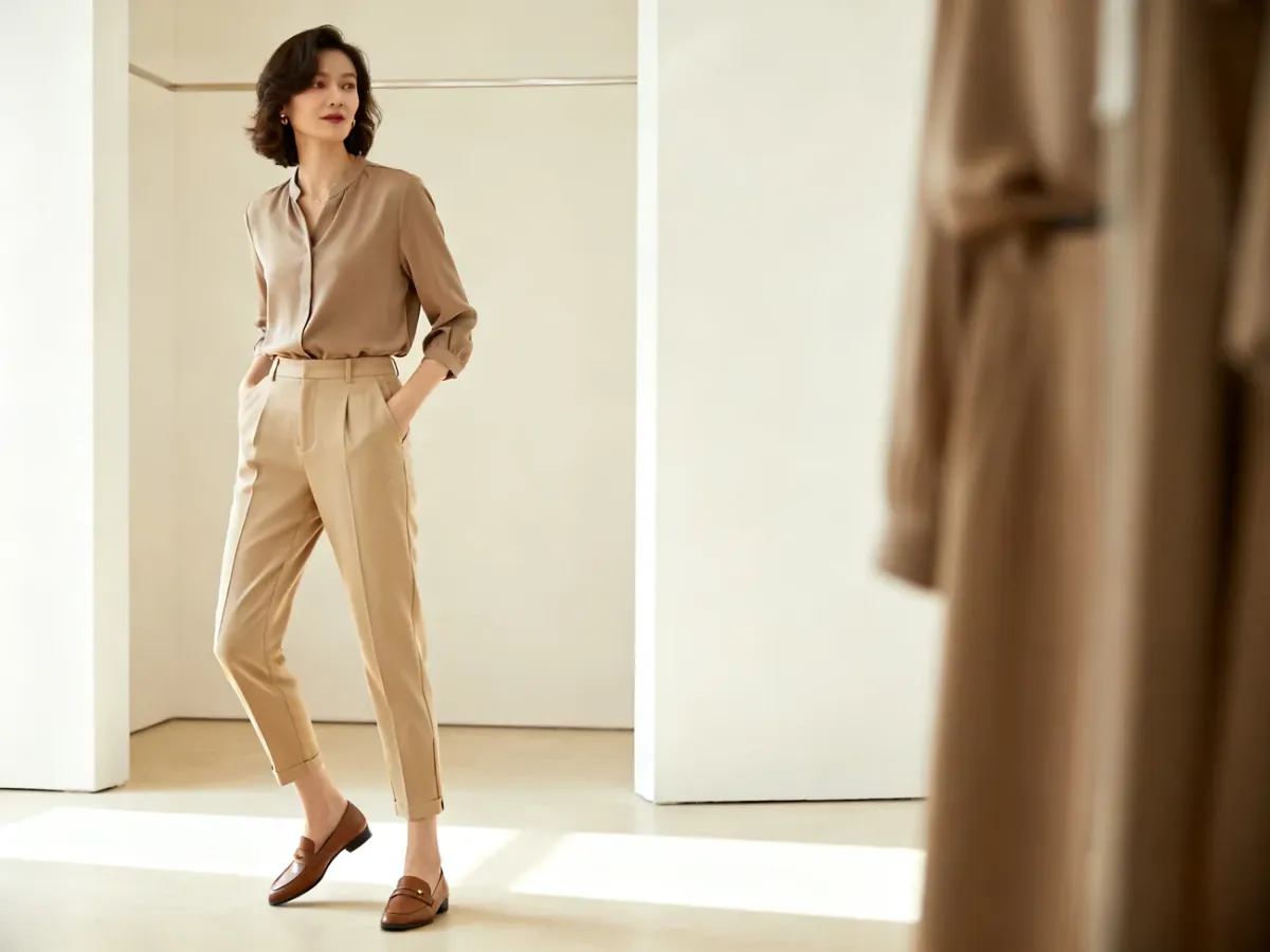 Kobieta w dopasowanych beżowych chinosach w stylizacji smart casual