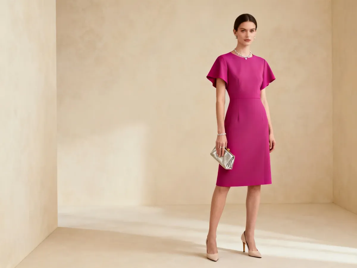 Kobieta w fuksjowej sukience z eleganckimi neutralnymi dodatkami